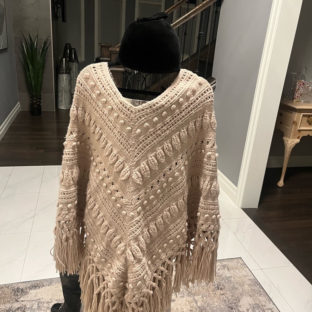 Vintage MOD GIRL over sized poncho in camel pair with black heavy bulky knit